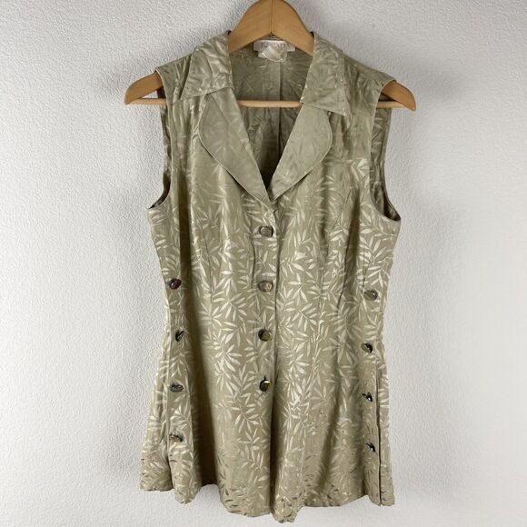 Vintage Escada Vest Women 40 Beige Margaretha Ley Button Front Leaf Print Silky - Picture 1 of 10